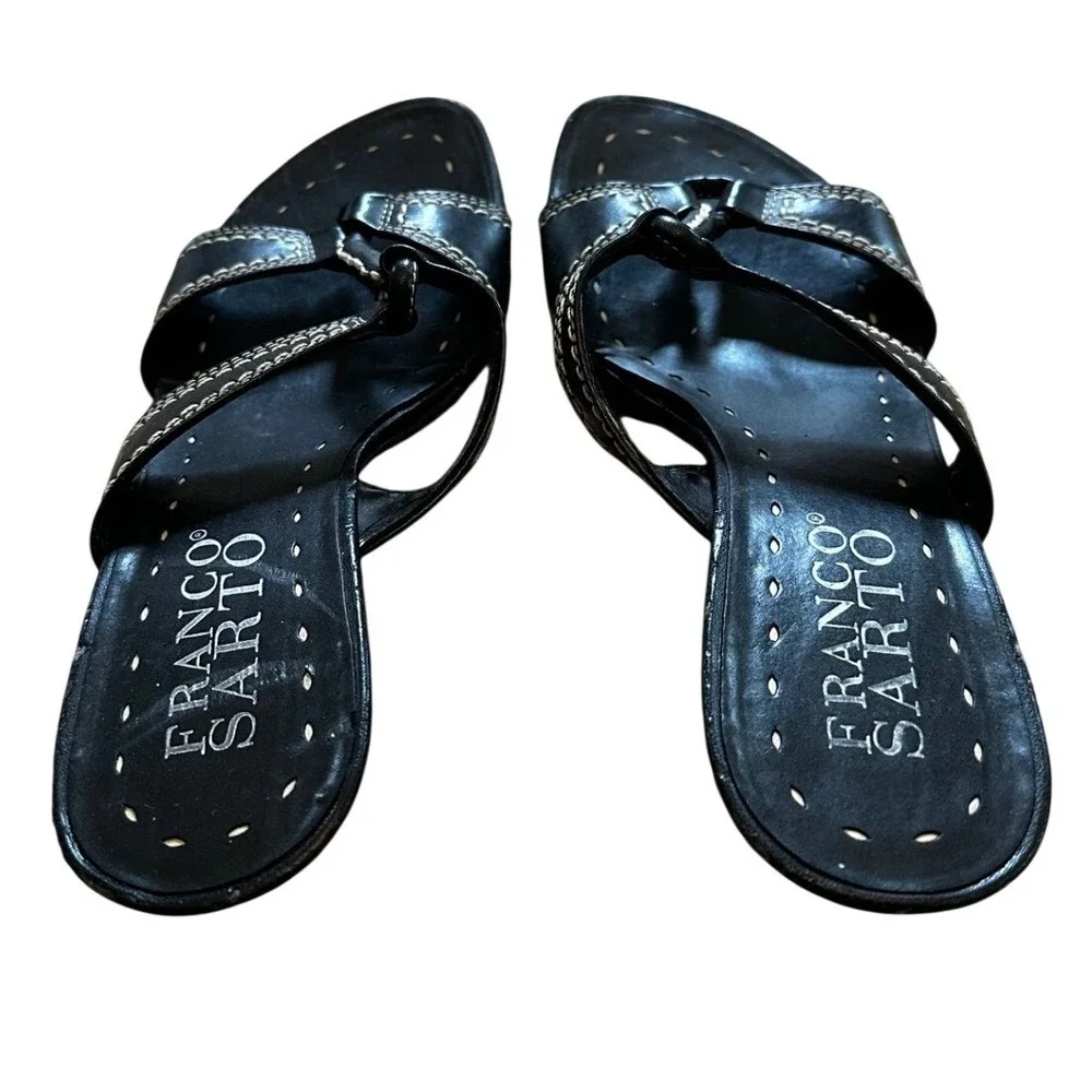 Franco Sarto Womens Black Leather Kitten Heel Sandals Contrast Stitch Mules‎ 6M